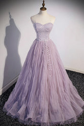Purple Tulle Long A-Line Prom Dress, Purple Short Sleeve Evening Party Dress
